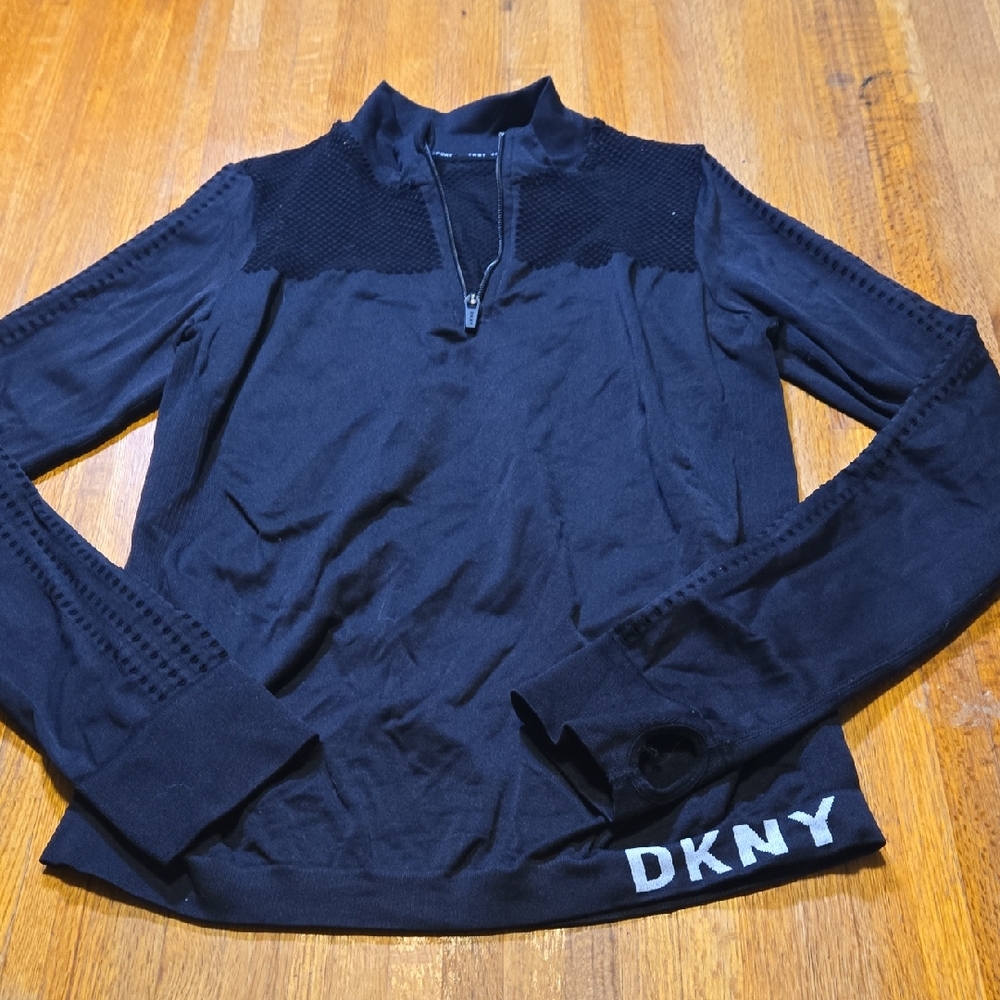 DKNY Women Small Black Thumb Hole Long Sleeve Quarter Zip Compression Pullover